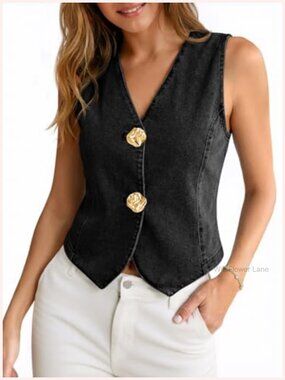 Button Down Denim Vest Cropped Sleeveless V-Neck Summer